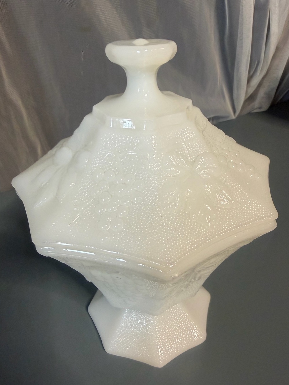 Vintage Westmoreland Milk Glass Covered Pedestal Candy Dish Grape Pattern